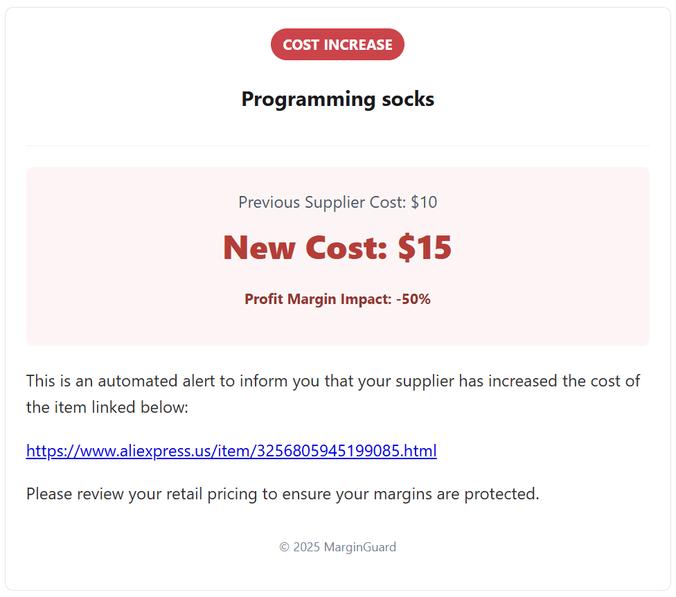 Email alert for price increase